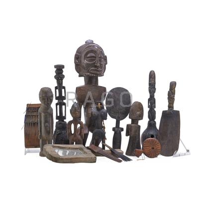 Appraisal: AFRICAN ITEMS Fourteen include carved wood statues pipe spoons heddle