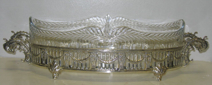 Appraisal: CONTINENTAL SILVER AND GLASS JARDINIERE Footed oval two-handled and pierced