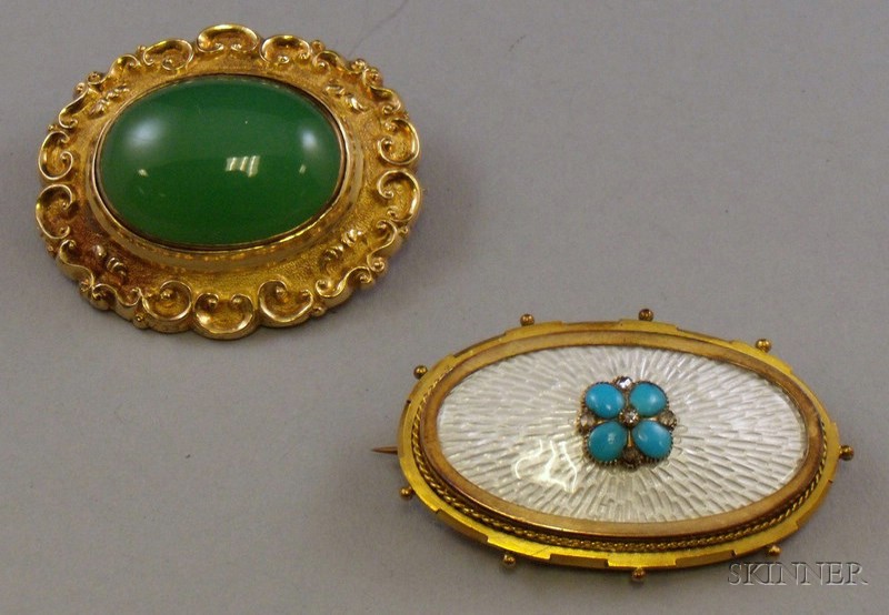 Appraisal: Two Antique Brooches one kt gold with hand-chased enamel and