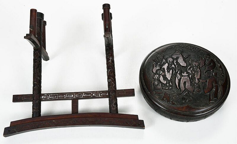 Appraisal: Carved Chinese Box and Carved Sword Stand carved circular box