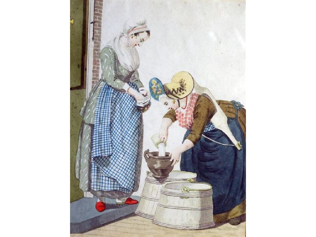 Appraisal: PAIR OF CONTINENTAL th CENTURY HAND-COLOURED ENGRAVINGS each depicting women