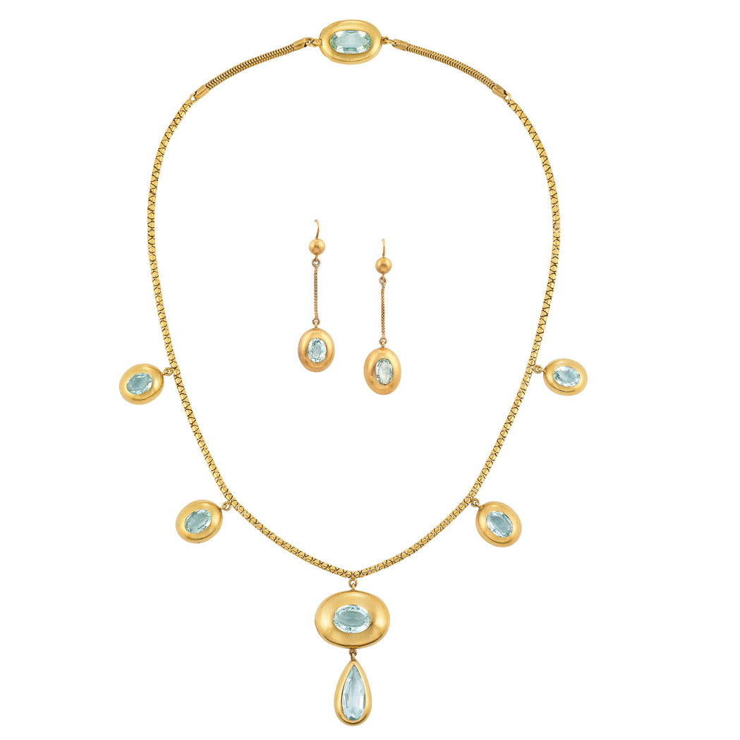 Appraisal: Antique Gold and Aquamarine Pendant-Necklace and Pair of Pendant-Earrings The