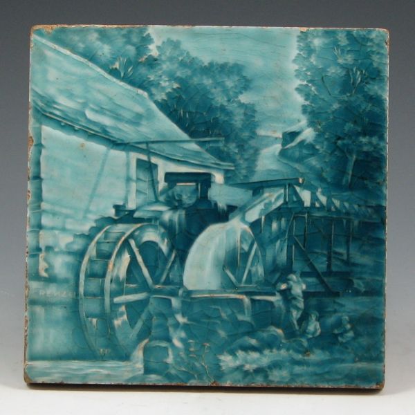 Appraisal: American Encaustic tile in blue with scene of old water