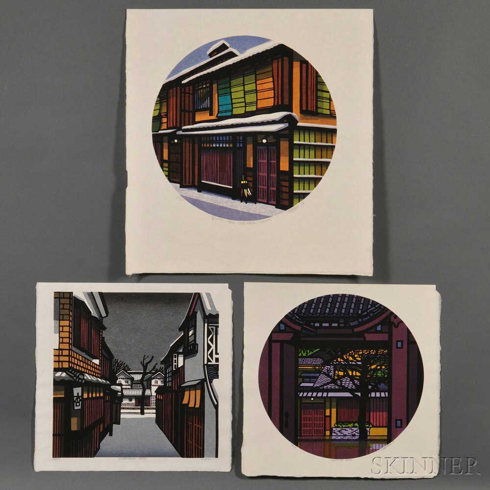 Appraisal: Clifton Karhu b Three Color Woodblocks Japan Ponco-cho Corner depicting