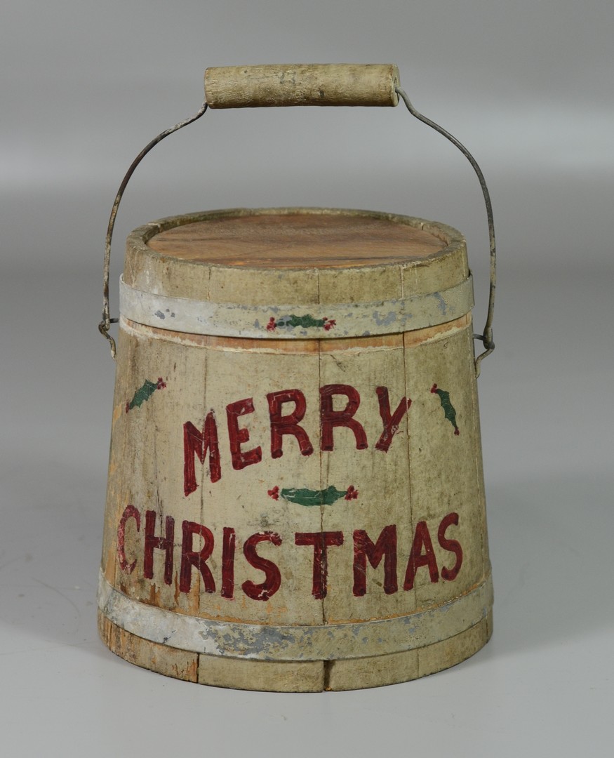 Appraisal: Merry Christmas firkin bucket metal banded wire handle old painted