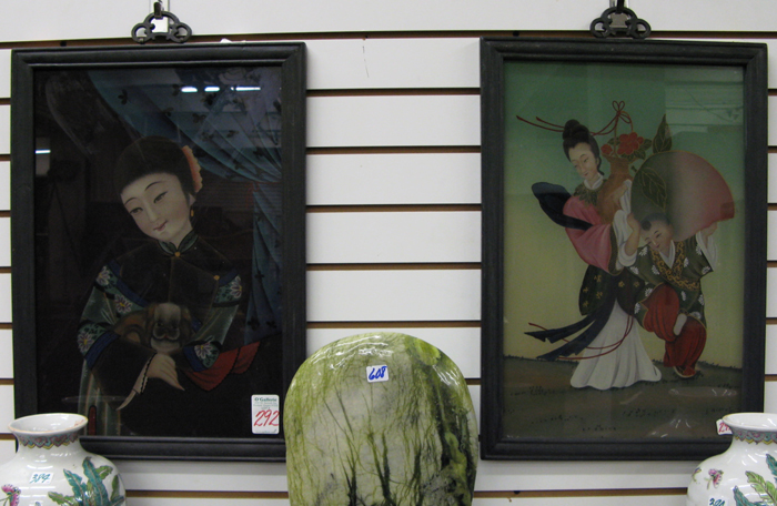 Appraisal: PAIR OF CHINESE PAINTINGS UNDER GLASS each a scene of