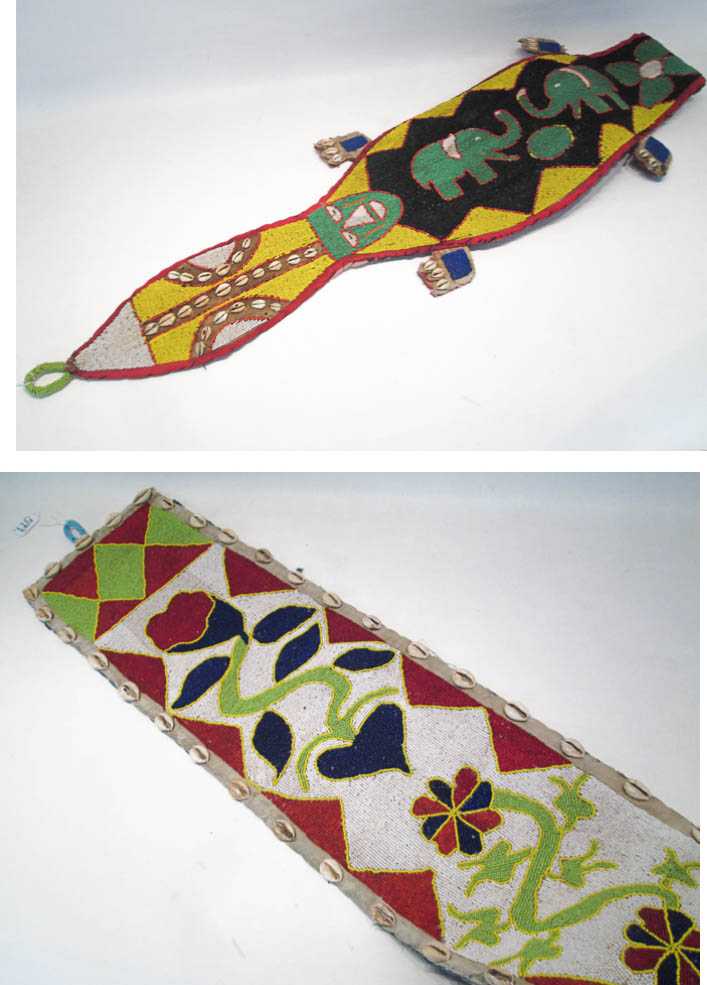 Appraisal: TWO BEADED AFRICAN SASHES each having colorful motifs and cowrie