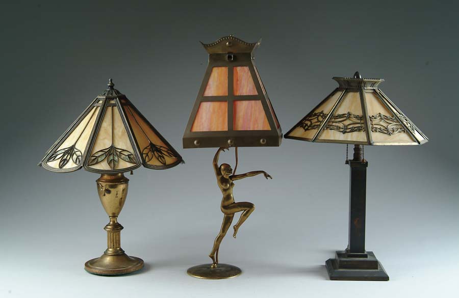 Appraisal: THREE PANEL LAMPS Four sided Arts Crafts shade with windowpane