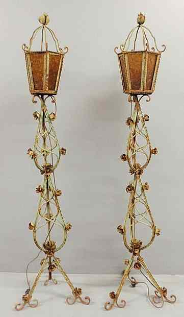 Appraisal: Large pair of wrought iron standing floor lamps with scrolled