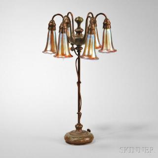 Appraisal: Tiffany Studios Six-light Lily Lamp Patinated bronze gold iridescent glass