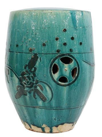 Appraisal: Chinese turquoise glazed ceramic garden stool having barrel form decorated