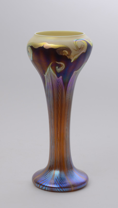 Appraisal: QUEZAL GLASS VASE Etched 'Quezal' the shaped bowl with iridescent