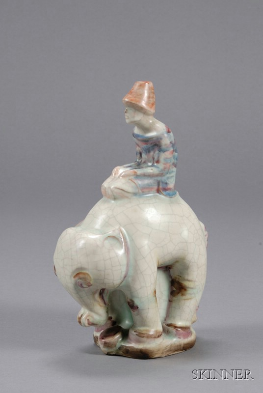 Appraisal: Glazed Earthenware Figure on an Elephant Continental th century heavily