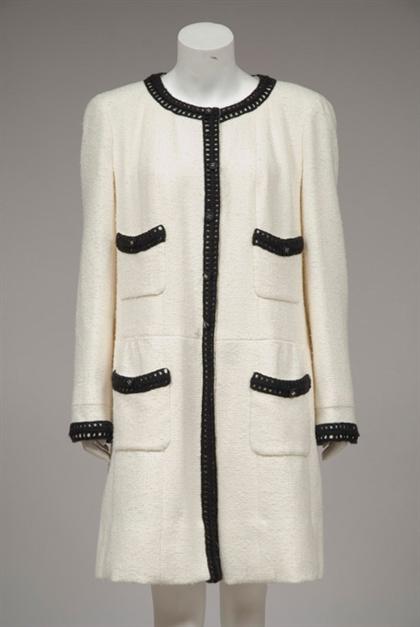 Appraisal: Chanel long white boucle blazer fall With black crochet edging