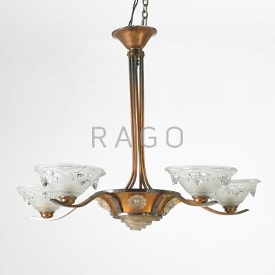 Appraisal: ART DECO Two pieces of lighting one five-light chandelier brass-plated