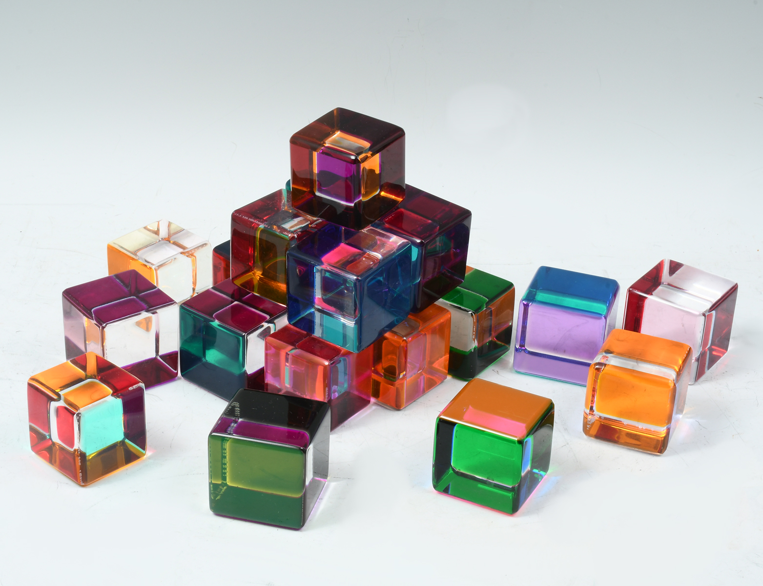 Appraisal: TWENTY-ONE MULTICOLOR LUCITE CUBES Measure approximately '' x '' x