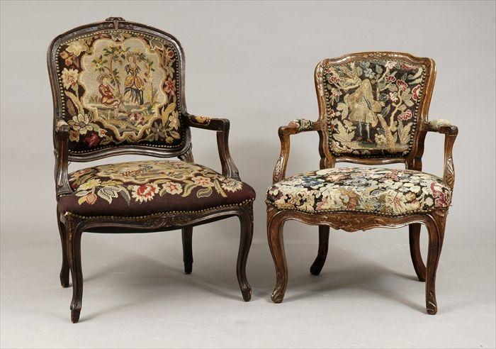 Appraisal: Two Louis XV-Style Carved Beechwood Needlework-Upholstered Fauteuils x in and