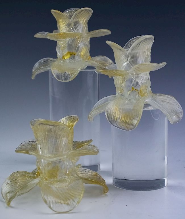 Appraisal: Murano Italian Venetian Floral Gold Candlesticks Collection of three floral