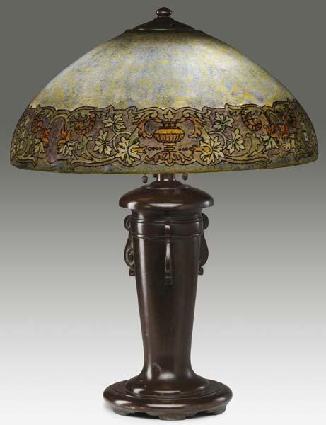 Appraisal: HANDEL Table lamp its hemispherical milk glass shade with foliate