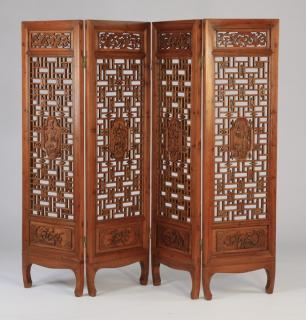 Appraisal: Chinese -panel screen or room divider with scroll and fretwork