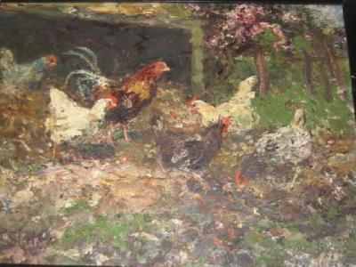 Appraisal: JOHN FALCONER SLATER Chickens in an Orchard signed on board