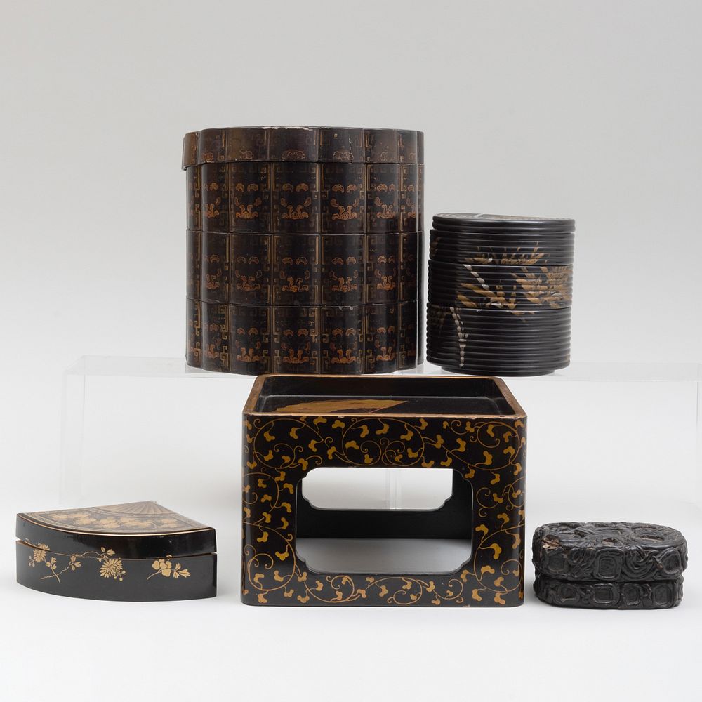 Appraisal: Group of Asian Lacquer Objects Comprising A three-tiered circular stacking