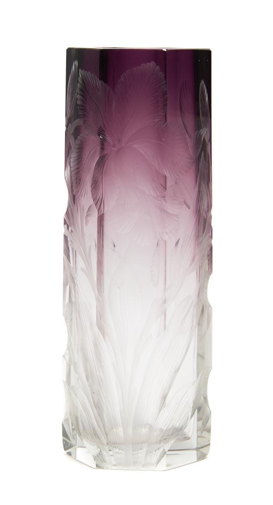 Appraisal: Continental Wheel Cut Glass Vase Attributed to Moser of elongated