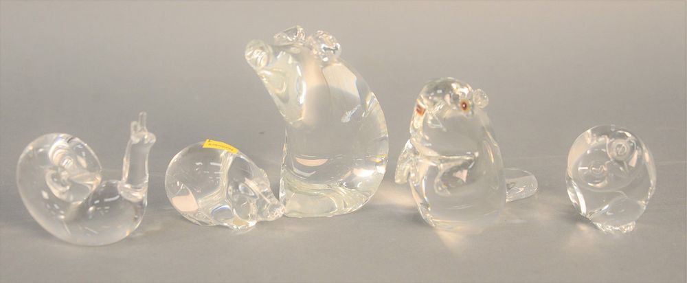 Appraisal: Five Steuben crystal figures to include owl pig snail large