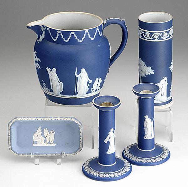 Appraisal: WEDGWOOD JASPERWARE Five pieces include pitcher pair of candlesticks vases