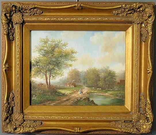 Appraisal: Oil on panel English country landscape painting th c unsigned