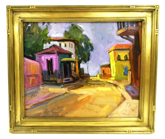 Appraisal: Avi Schwartz Israeli b oil on canvas Village Street cityscape