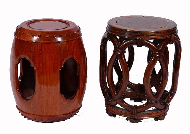 Appraisal: A CHINESE WOODEN BARREL SHAPED STOOL with burr wood top