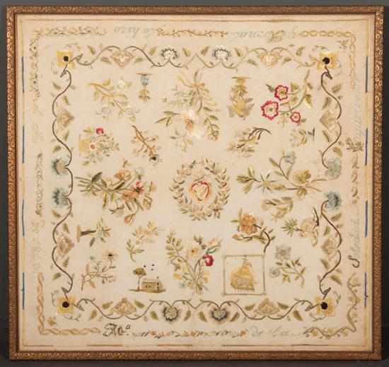 Appraisal: Needlework woven panel th century with floral and religious imagery