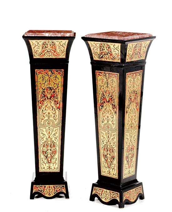 Appraisal: Pair French marbletop Boulle-decorated pedestals square top with tapering body