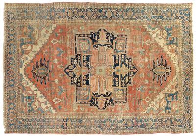 Appraisal: Heriz rug large central medallion on brick red field ivory