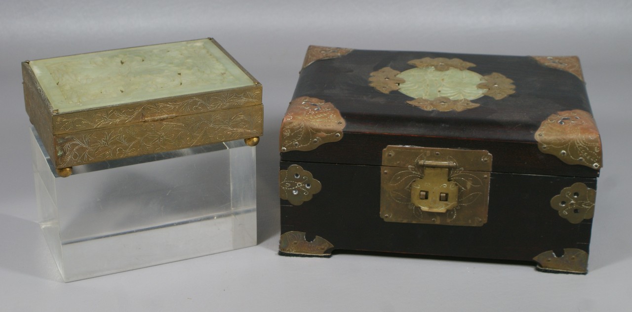 Appraisal: Chinese brass dresser box with carved jade inset lid x