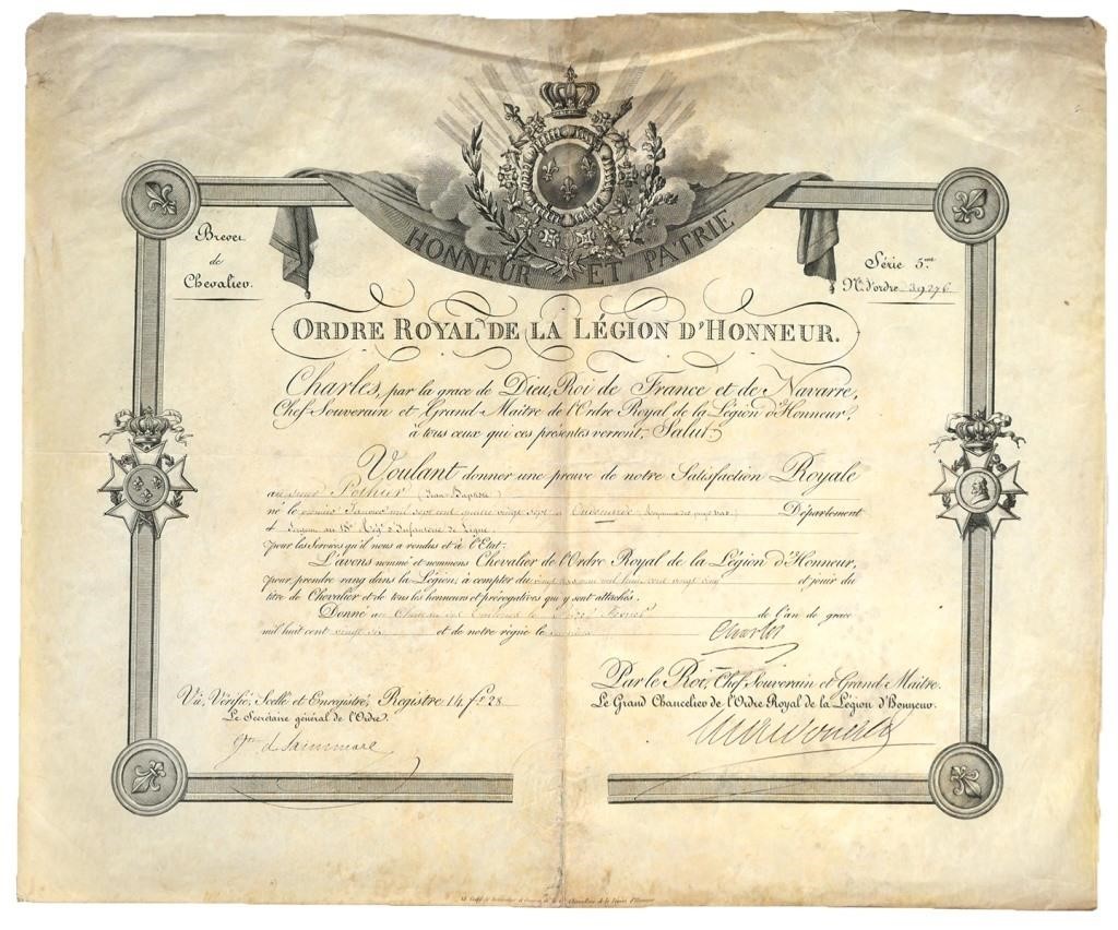 Appraisal: Signed Royal Order of the Legion of Honor document with