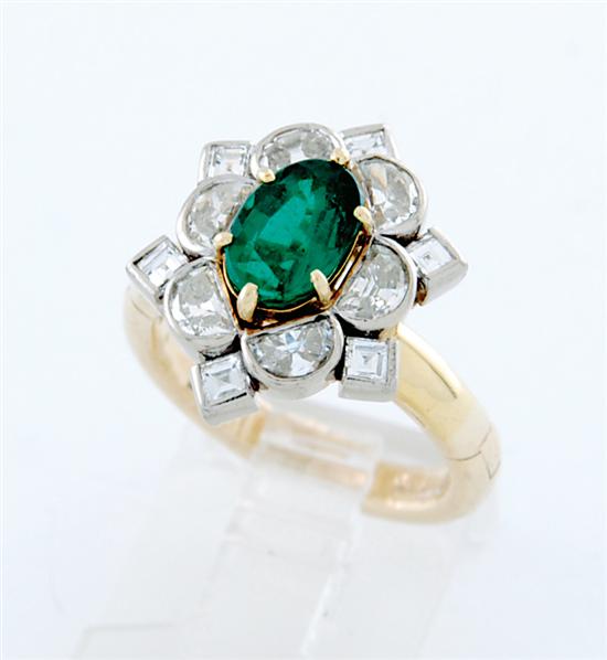 Appraisal: Emerald and gold ring oval-cut emerald ct six square-cut diamonds