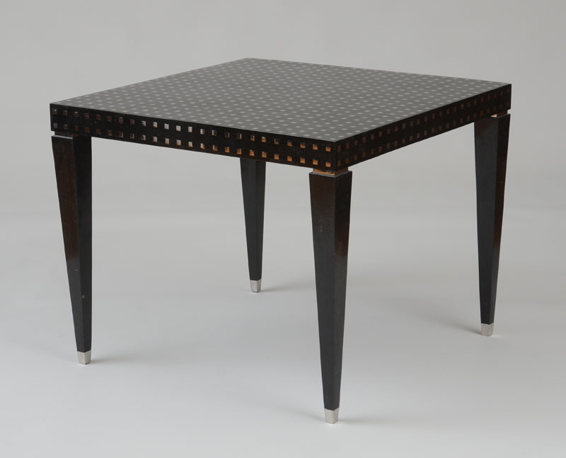 Appraisal: BLACK MARBLE AND CHROME VENEERED SQUARE TABLE x x in