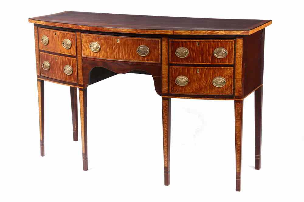 Appraisal: SIDEBOARD - Diminutive Hepplewhite mahogany bowfront sideboard with banded figured