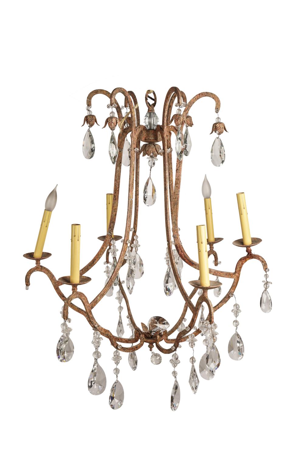 Appraisal: PAINTED IRON CRYSTAL SIX-LIGHT CHANDELIERCondition missing one crystal drop inches