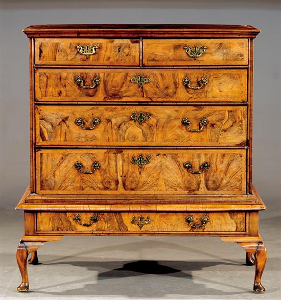 Appraisal: Queen Anne style walnut chest on stand th century rectangular