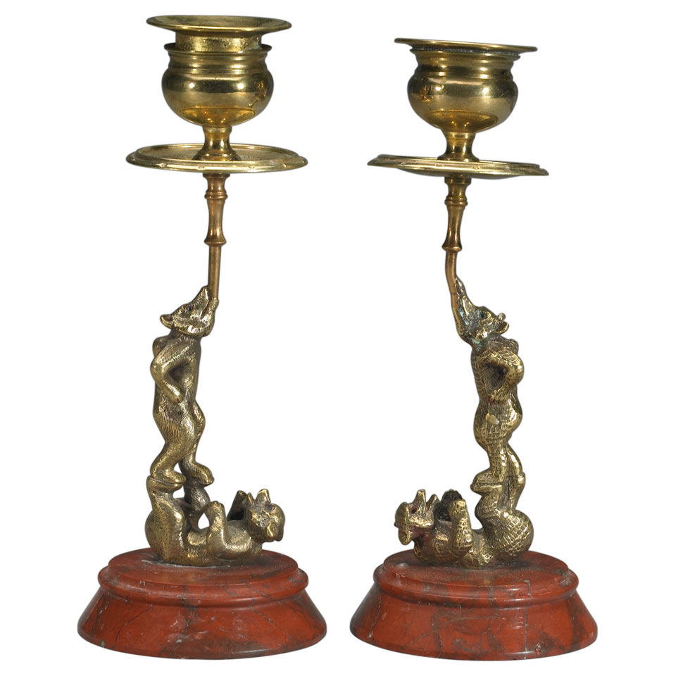 Appraisal: Small Pair Continental Brass and Rouge Griotte Marble Candlesticks each