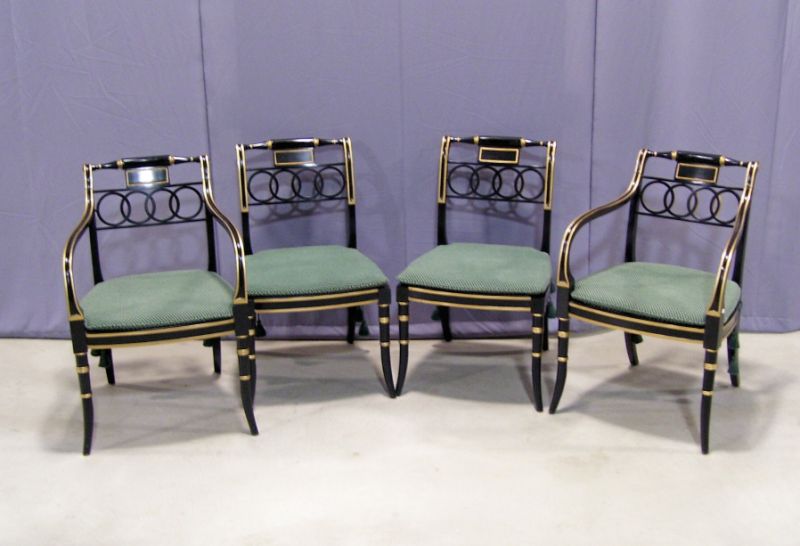 Appraisal: - Black Lacquered Chairs by Baker Classical style chairs two