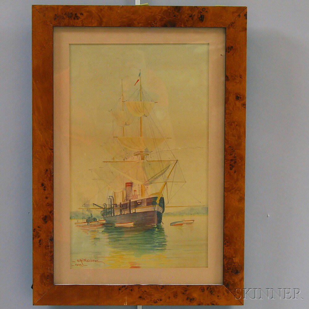 Appraisal: American School th th Century Square-rigged Ship in a River