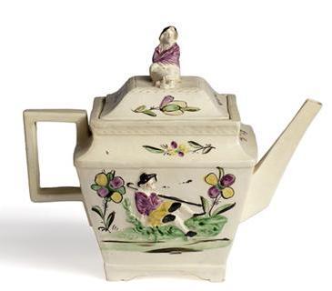 Appraisal: ENGLISH CREAMWARE ENAMELLED TEAPOT AND COVER - Of square form