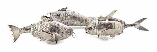 Appraisal: Three Silver or Silverplate Reticulated Fish of various species two