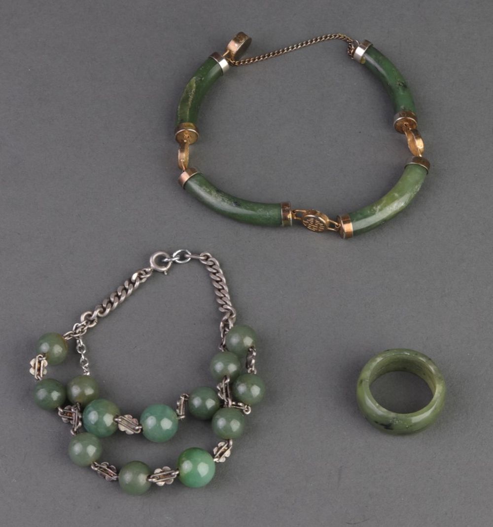 Appraisal: JADE BEADED BRACELETS RING Assortment of jade jewelry including one