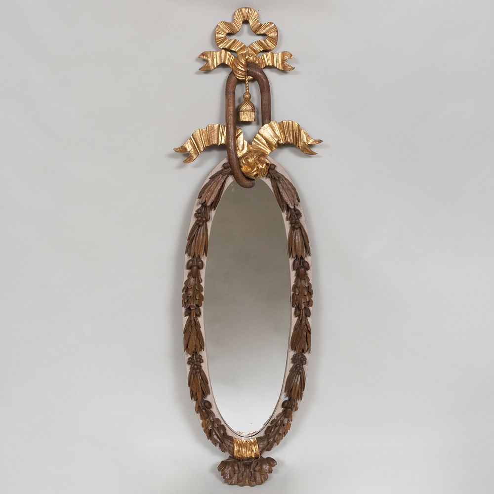 Appraisal: Continental Oak Painted and Parcel-Gilt Oval Mirror ft in x