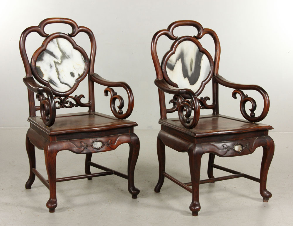 Appraisal: - Pr Canton Chinese Chairs Rosewood and Marble Pair of